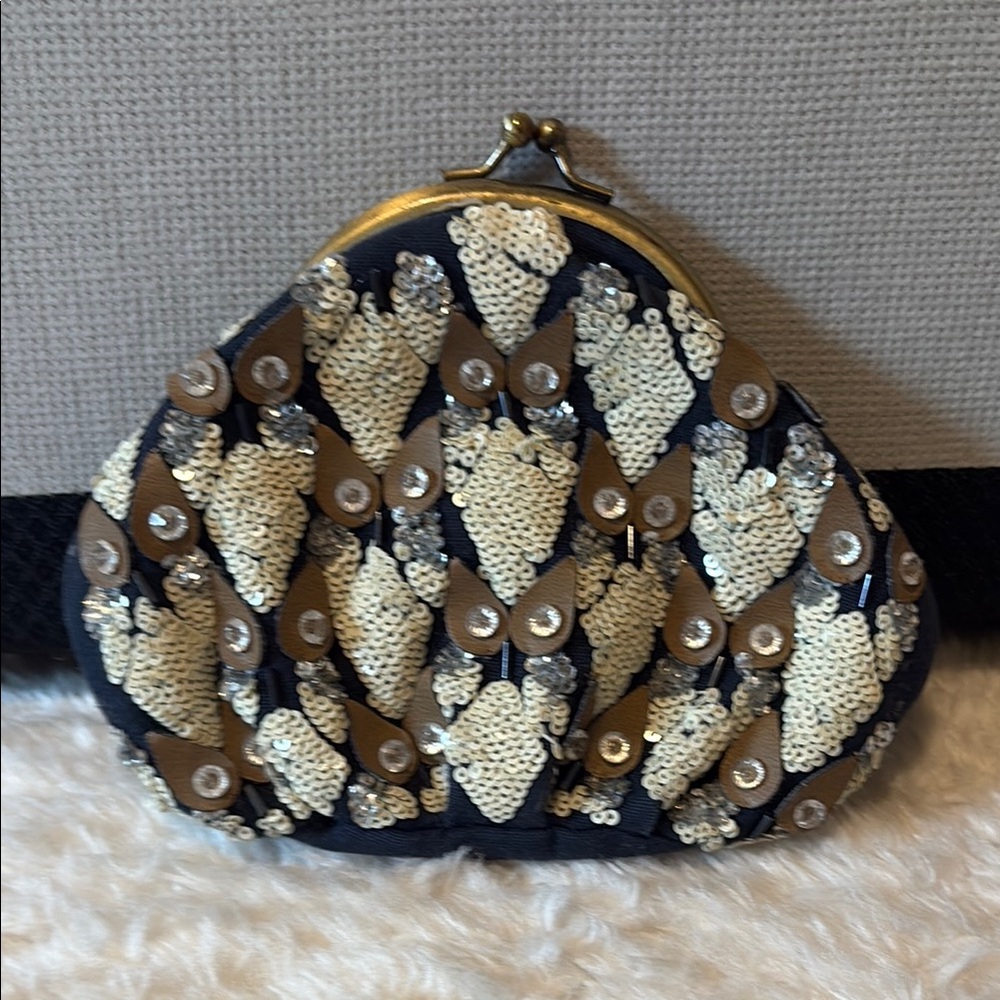 Anthropologie Navy and Cream Sequin Owl Clutch